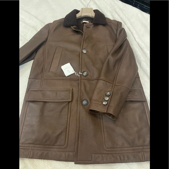 Brunello Cucinelli Mens Shearling Leather Brown Jacket Sz M - Picture 3 of 12
